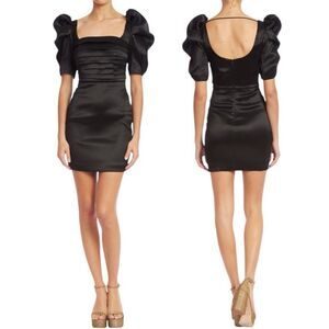 Badgley Mischka Black Pleated Mini Dress w/ Puffed Sleeves NWTs